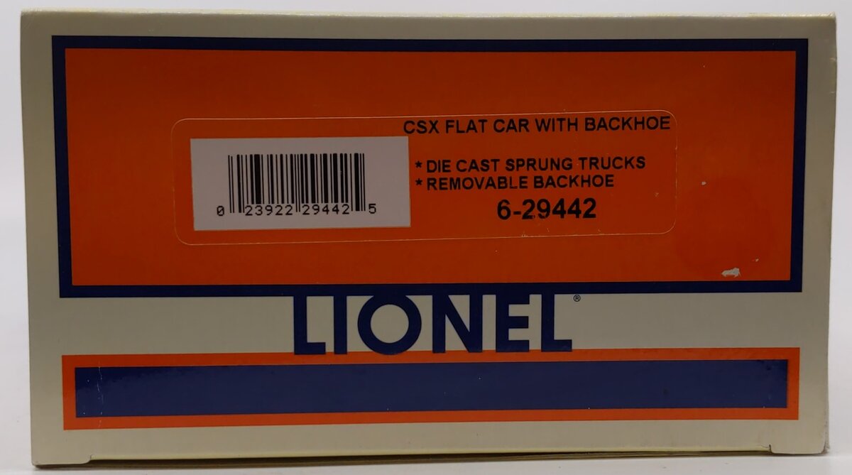 Lionel 6-29442 O Gauge CSX Flatcar with Backhoe #600513 LN/Box