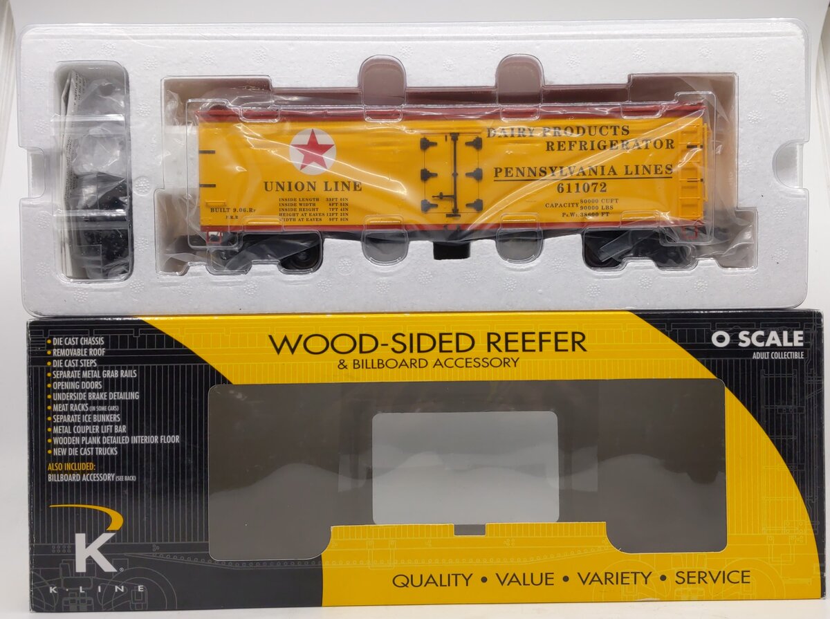 K-Line K742-1891 O Gauge Pennsylvania Woodside Reefer w/ Billboard #611072 LN/Box