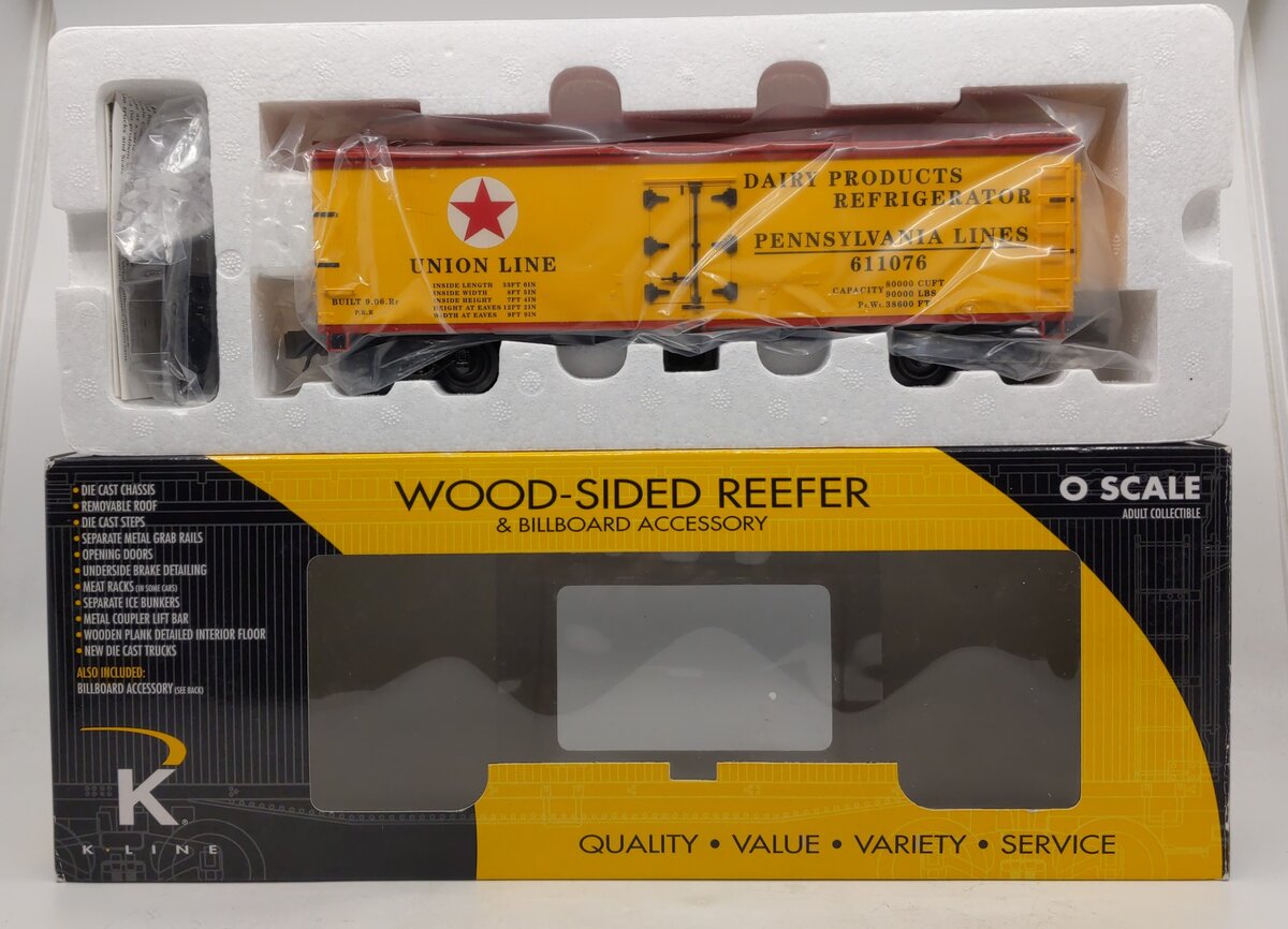 K-Line K742-1891 O Gauge Pennsylvania Woodside Reefer w/ Billboard #611076 LN/Box