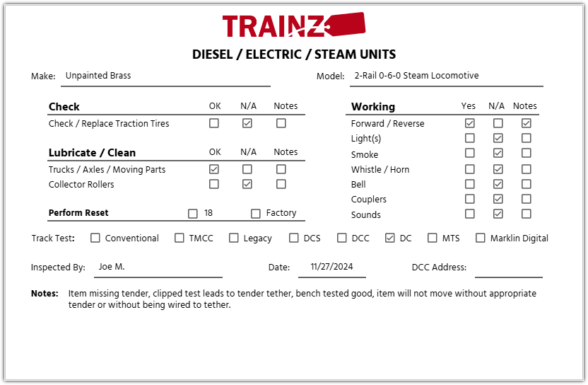 O Scale BRASS 0-6-0 Steam Locomotive (2-Rail) -Unpainted VG