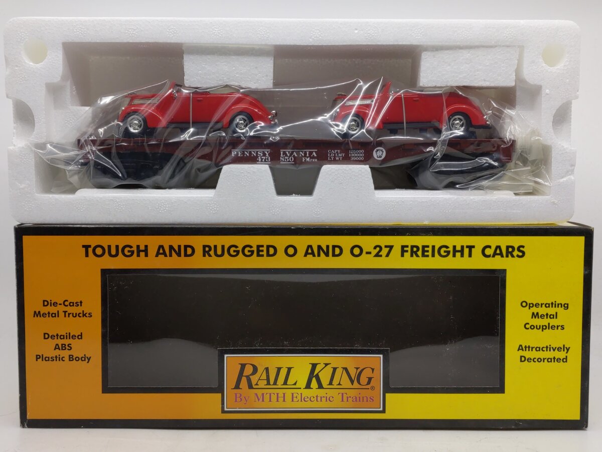 MTH 30-76380 O Gauge Pennsylvania Flat Car w/ '37 Ford V8 Convertibles