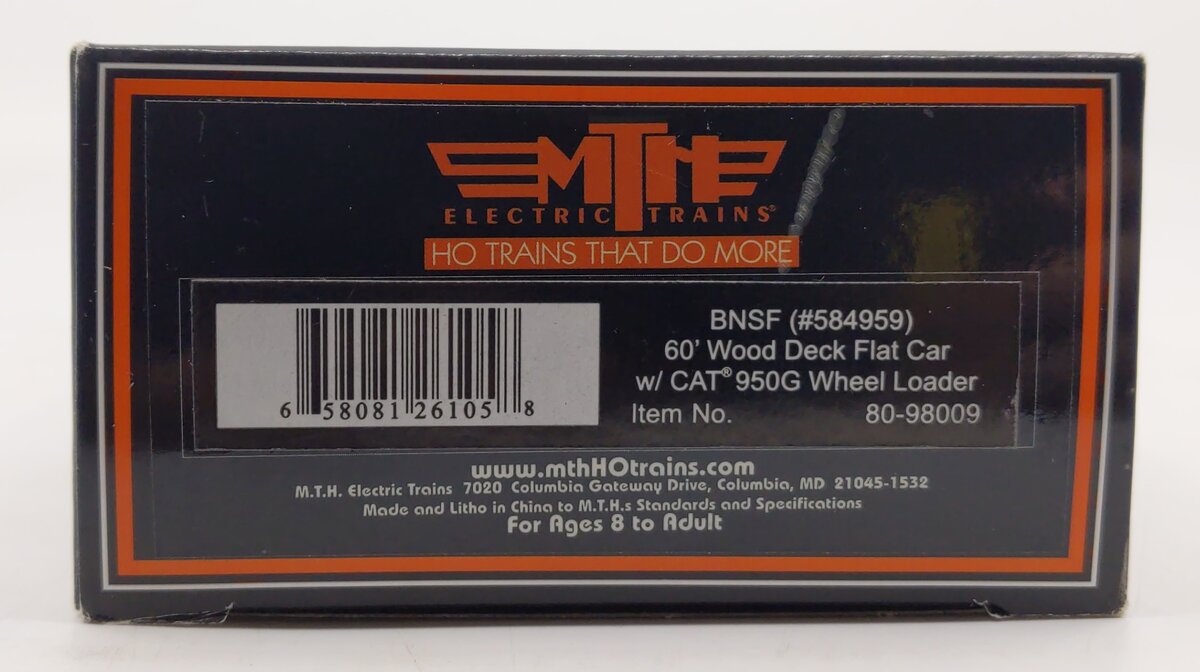 MTH 80-98009 HO Burlington Northern Santa Fe 60' Wood Flat Car w/ 950G Loader
