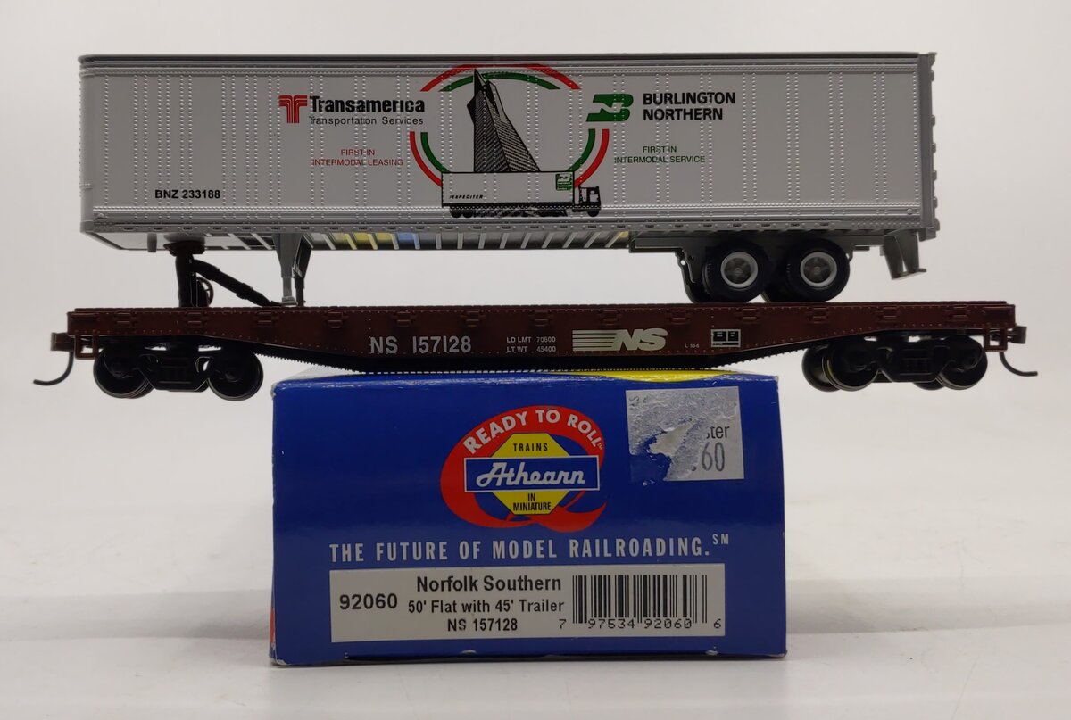 Athearn 92060 HO Norfolk Southern 50' Flatcar w/ Trailer #157128 LN/Box