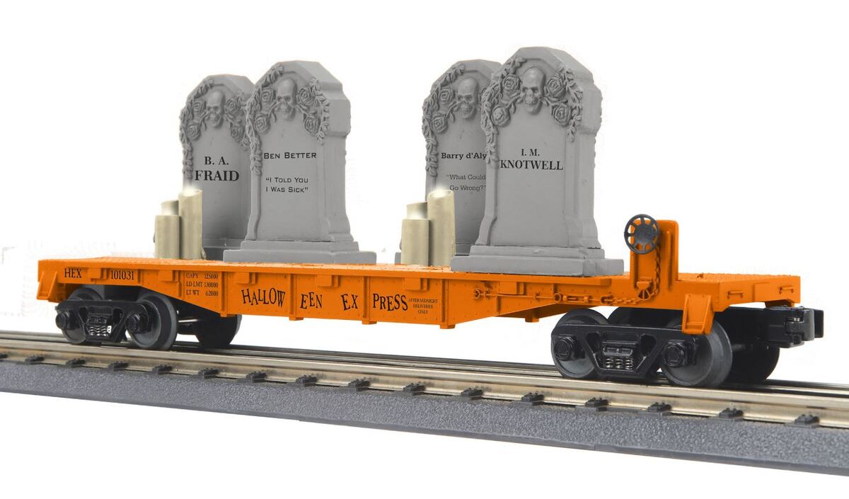 MTH 30-76785 O Halloween Flatcar with Headstones & Flickering Lighted Candle