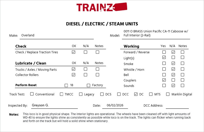 Overland 0011 O BRASS Union Pacific CA-11 Caboose w/ Full Interior (2-Rail) EX/Box