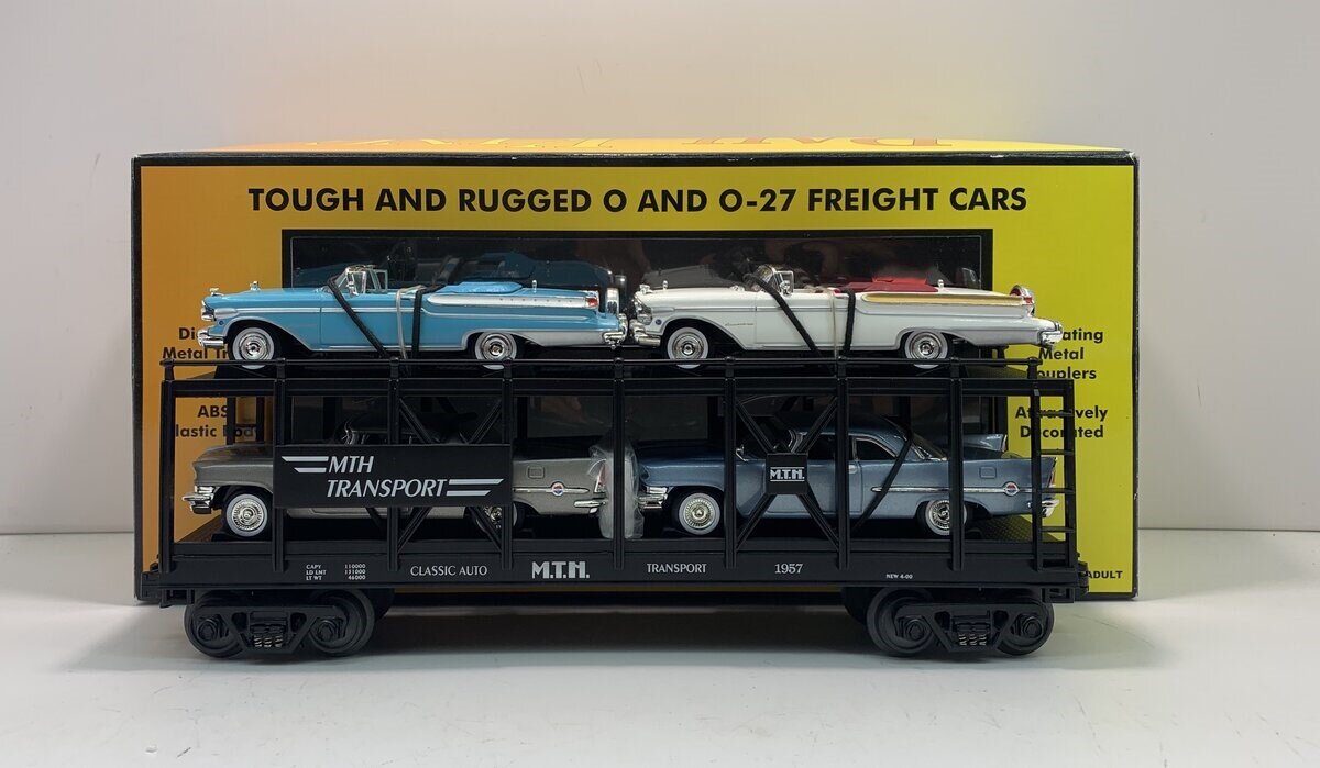 MTH 30-7676 O Gauge MTH Auto Carrier w/ 4 Ertl 1957 Automobiles LN/Box