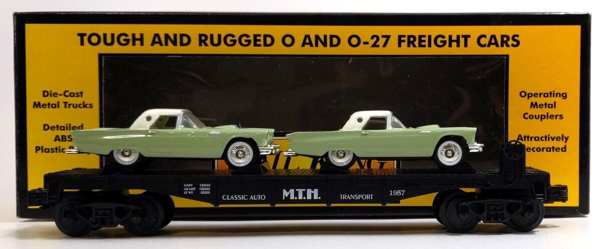 MTH 30-7613 O Gauge Auto Transport Flatcar with Two ThunderBirds NIB