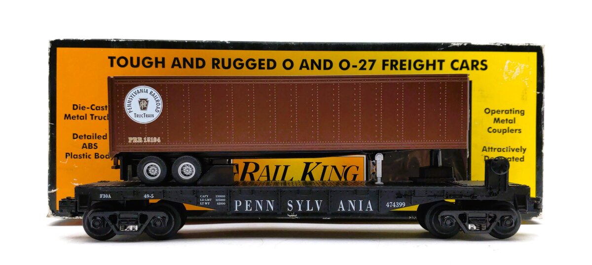 MTH 30-7626 O Gauge Pennsylvania Railroad Flatcar w/ Trailer #474399 LN/Box
