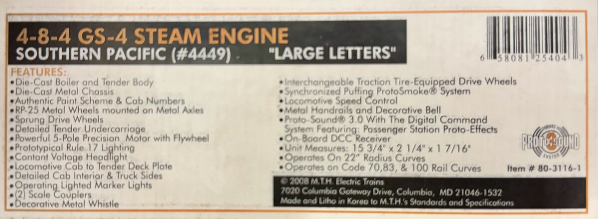 MTH 80-3116-1 HO Scale Southern Pacific 4-8-4 GS-4 Steam Engine w/PS3