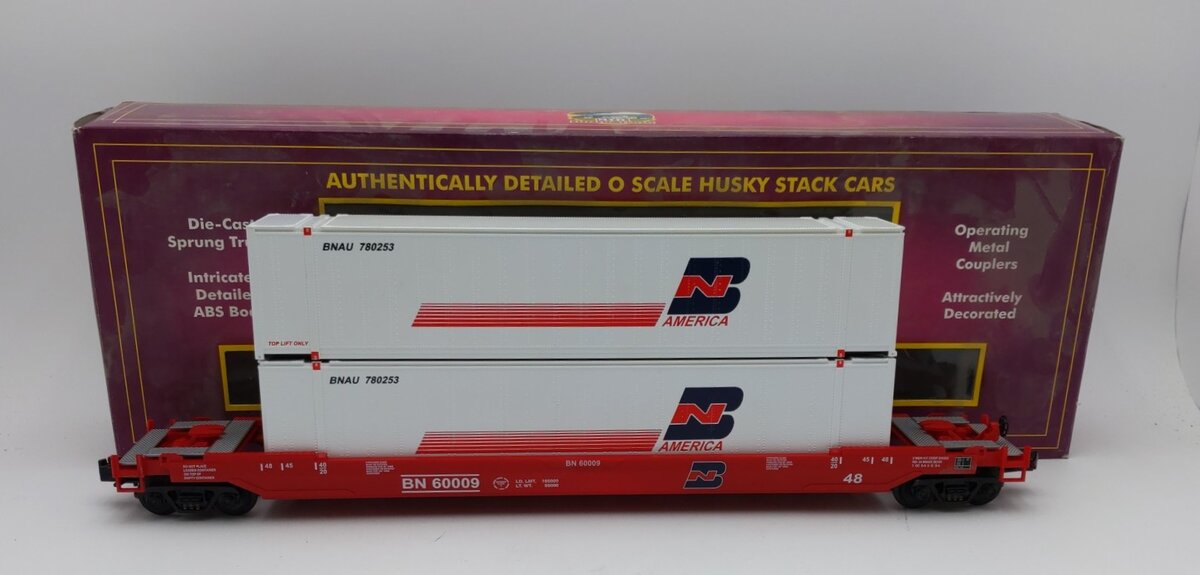 MTH 20-9502L O Gauge Burlington Northern Husky Stack Car w/ Containers #60009 LN/Box