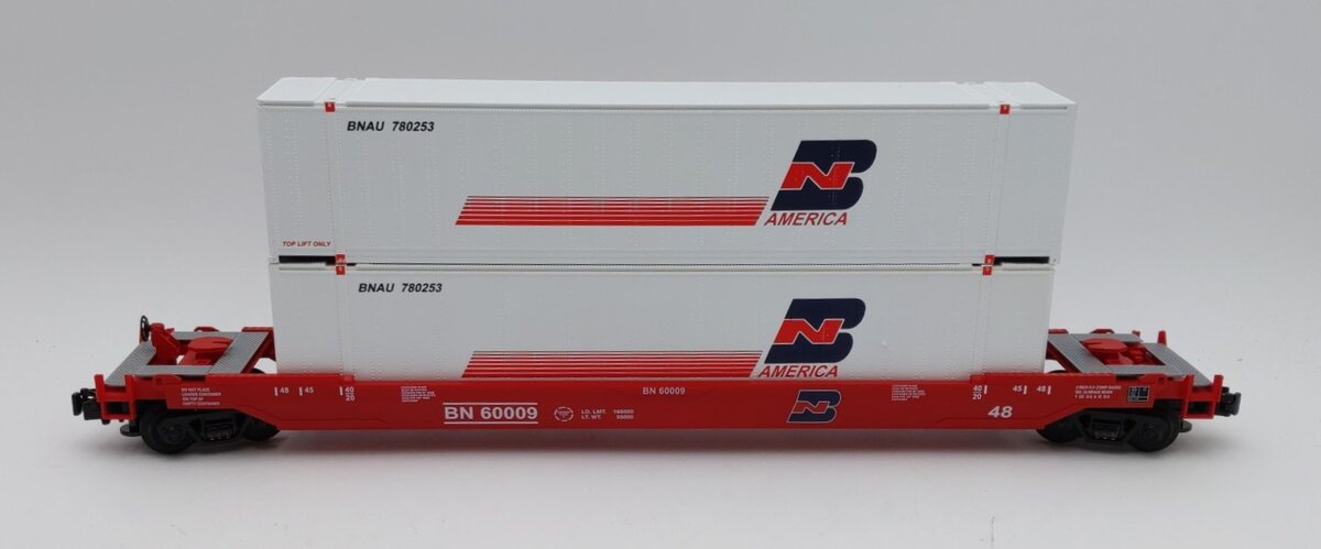 MTH 20-9502L O Gauge Burlington Northern Husky Stack Car w/ Containers #60009 LN/Box