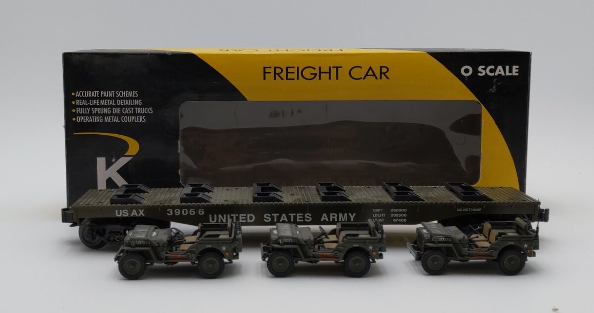 K-Line K691-8023 O Gauge US Army Flat Car w/3 Jeeps LN/Box