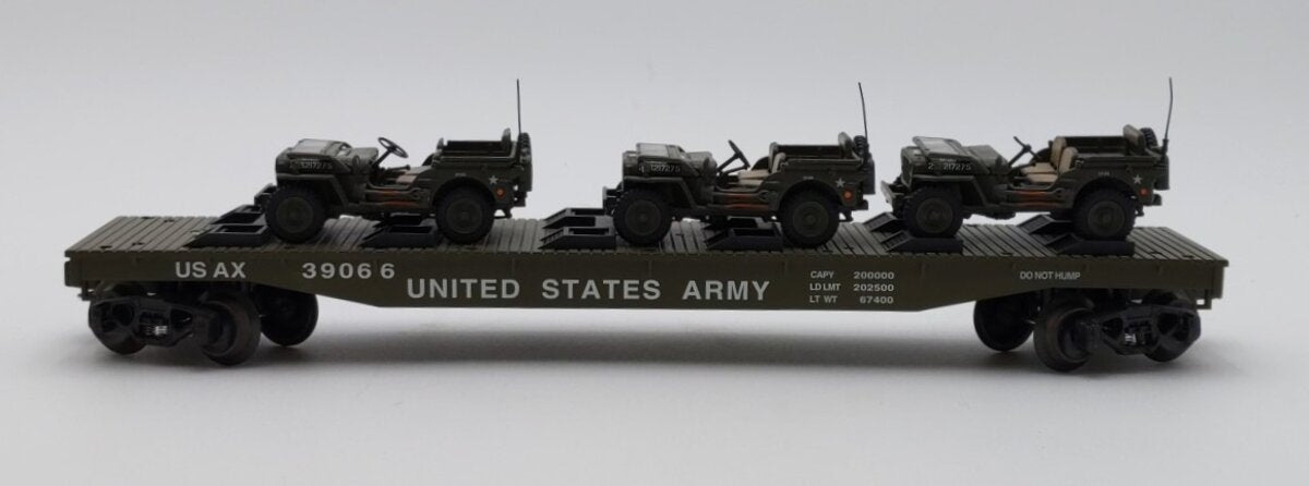 K-Line K691-8023 O Gauge US Army Flat Car w/3 Jeeps LN/Box