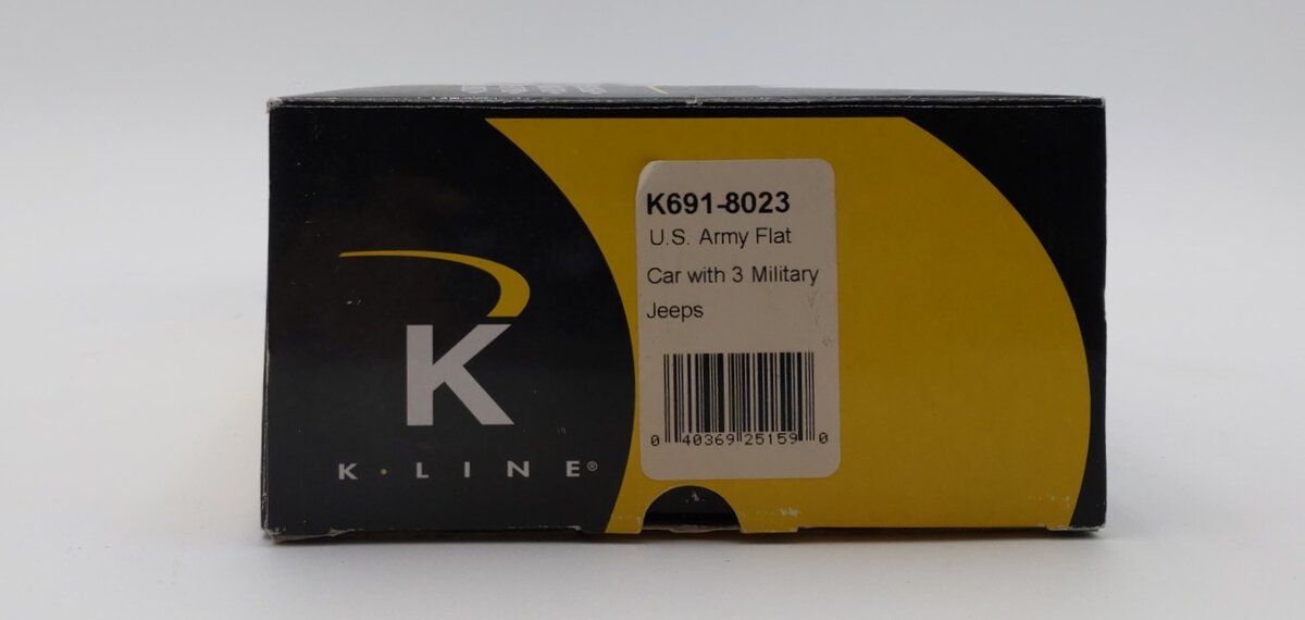 K-Line K691-8023 O Gauge US Army Flat Car w/3 Jeeps LN/Box