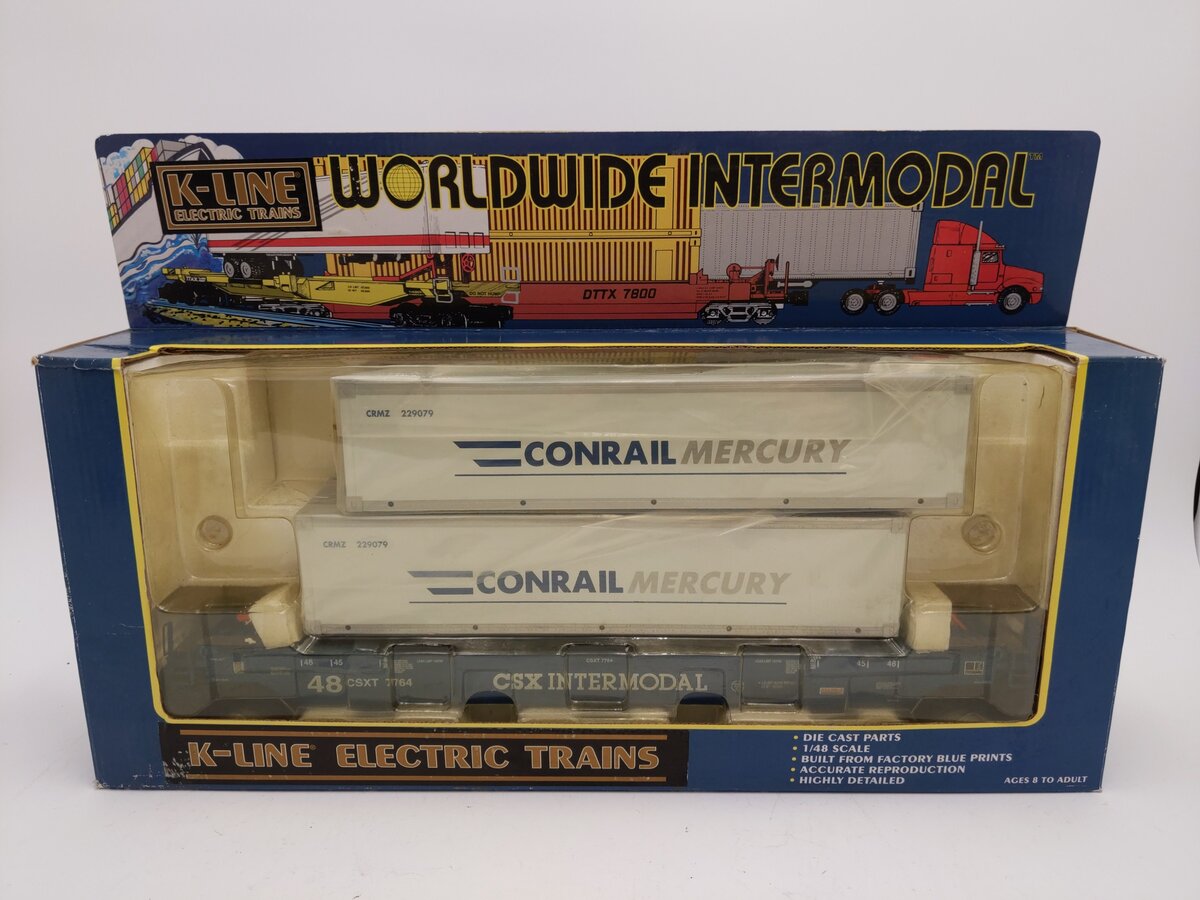 K-Line K7764 O Gauge CSX Gunderson All-Purpose Husky-Stack Car w/2 Containers LN/Box