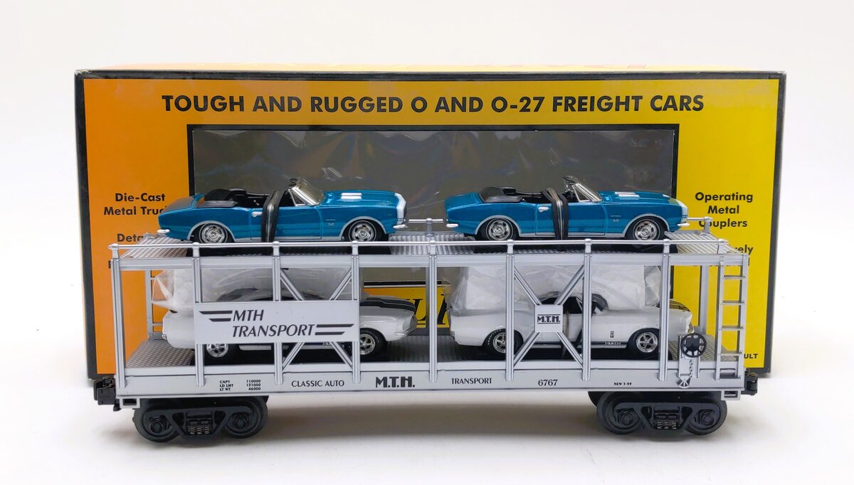 MTH 30-7666 O Gauge Auto Carrier w Two 1967 Camaros & Two 1967 Shelby Mustangs LN/Box