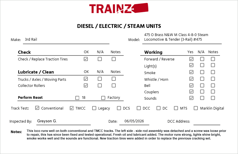 3rd Rail 475 O Brass N&W M Class 4-8-0 Steam Locomotive & Tender (3-Rail) #475 EX/Box