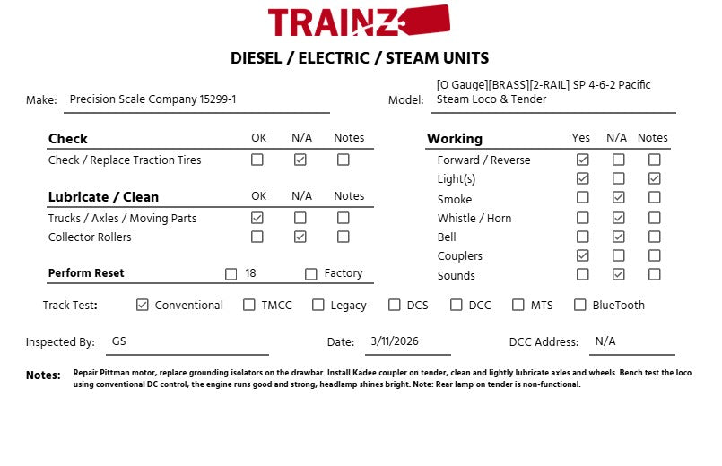 Precision Scale Company 15299-1 O BRASS SP 4-6-2 Pacific Steam Loco/Tnd (2-Rail) EX/Box