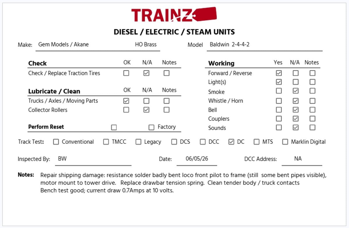 Akane HO Scale BRASS Baldwin 2-4-4-2 Steam Locomotive & Tender EX/Box