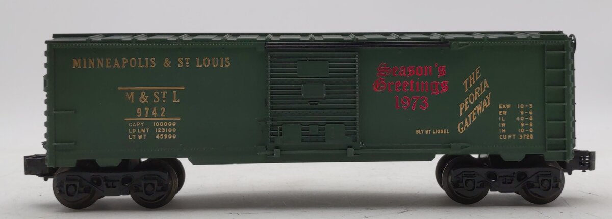 Lionel 6-9742 O Gauge M&StL Boxcar with 1973 Season's Greetings Overstamp EX