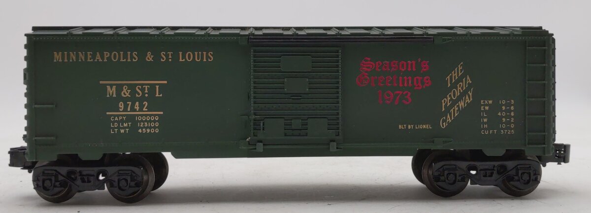 Lionel 6-9742 O Gauge M&StL Boxcar with 1973 Season's Greetings Overstamp EX
