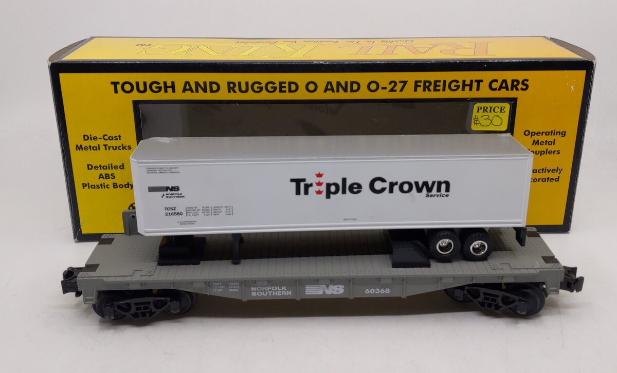 MTH 30-7616 O Gauge Norfolk Southern Flatcar w/ Triple Crown Trailer #60368 LN/Box