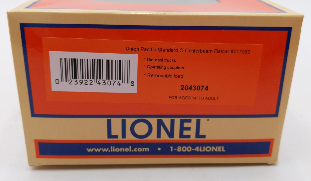 Lionel 2043074 O Union Pacific Standard Centerbeam Flat Car #217063