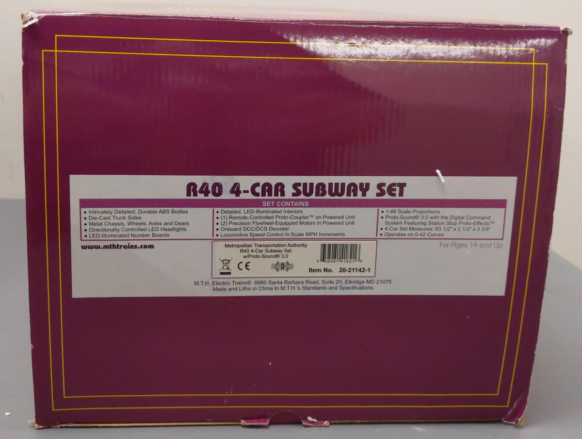 MTH 20-21142-1 O MTA R40 Subway Car Set with Proto-Sound 3.0 (Set of 4) LN/Box