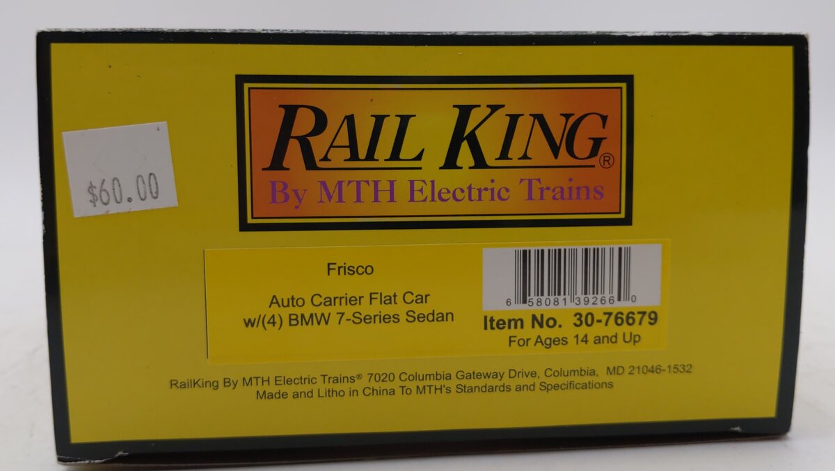 MTH 30-76679 O Frisco Auto Carrier Flat Car with BMW 7-Series Sedans
