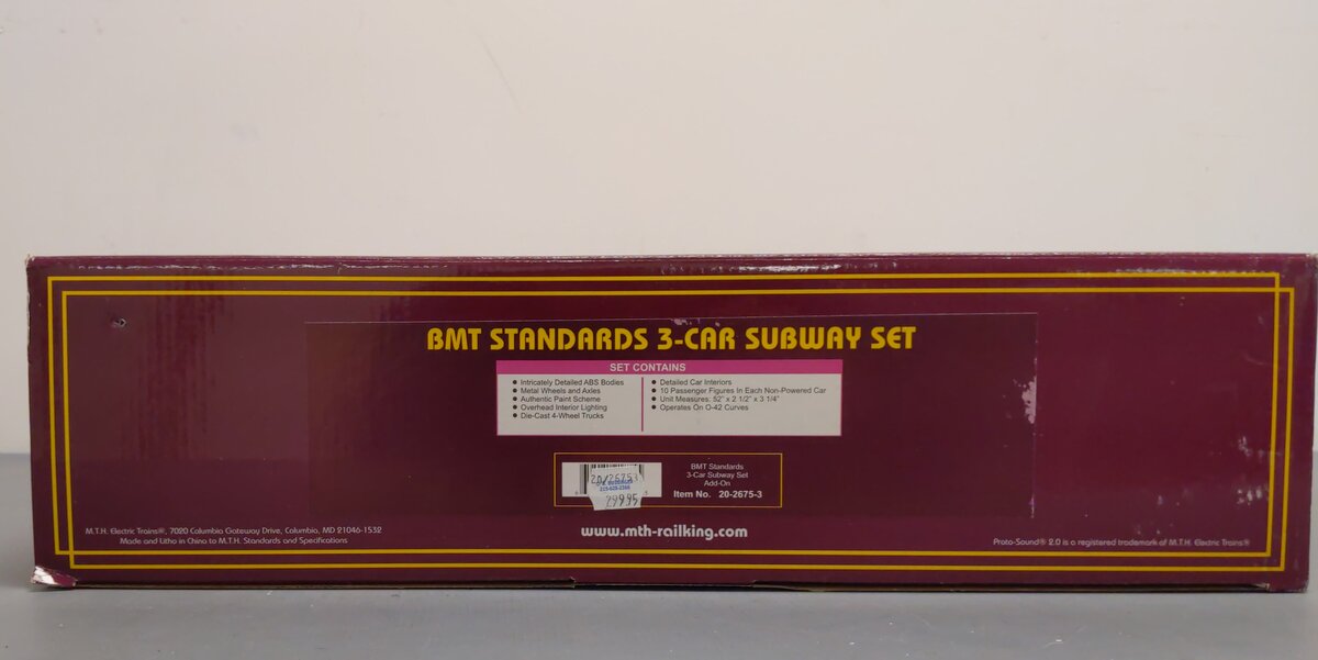 MTH 20-2675-3 O BMT 2500 Series 3-Car Subway Set Add-On Non-Powered (Set of 3)