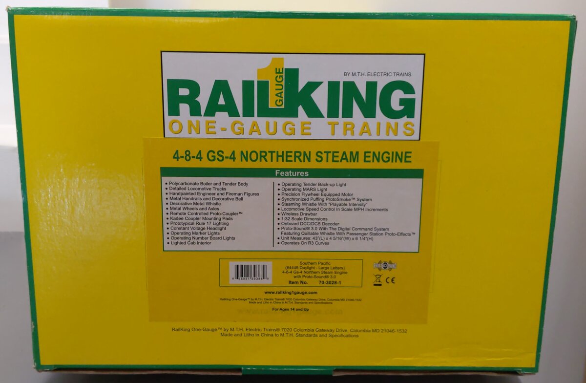 MTH 70-3028-1 G Southern Pacific RailKing One Gauge 4-8-4 Gs-4 Northern Steam
