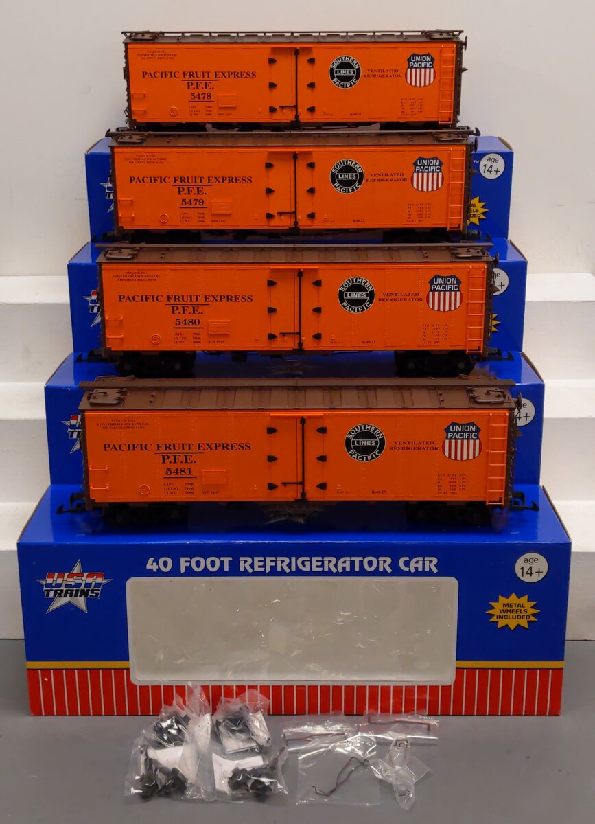 USA Trains R16506F G PFE SP & UP 40 ft. Refrigerator Cars Set #6 (4)