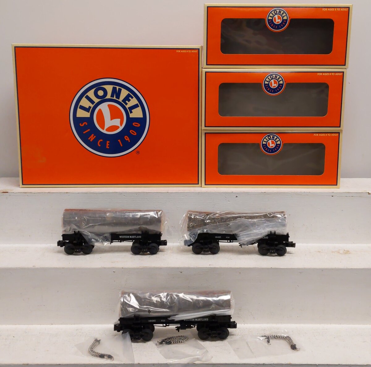 Lionel 6-19492 O Gauge Western Maryland Skeleton Log Car 3-pack NIB