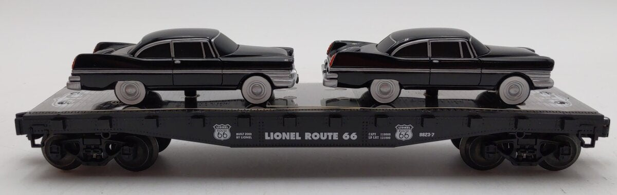 Lionel 6-17557 O Gauge Route 66 Flatcar with Two Black Sedans