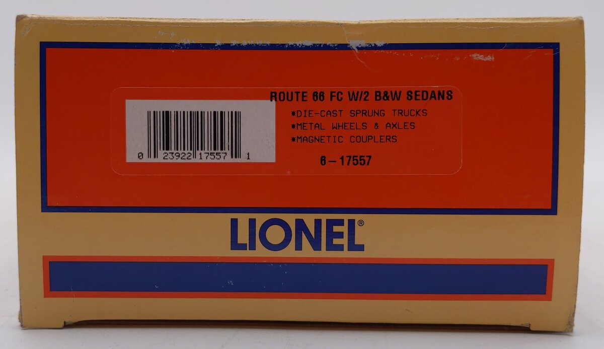 Lionel 6-17557 O Gauge Route 66 Flatcar with Two Black Sedans