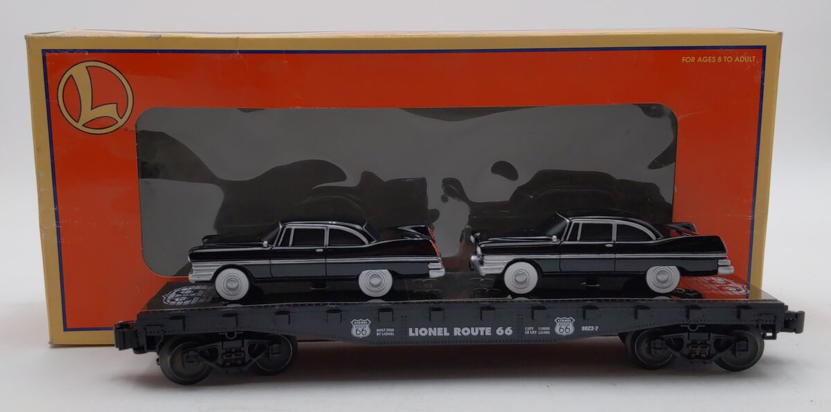 Lionel 6-17557 O Gauge Route 66 Flatcar with Two Black Sedans