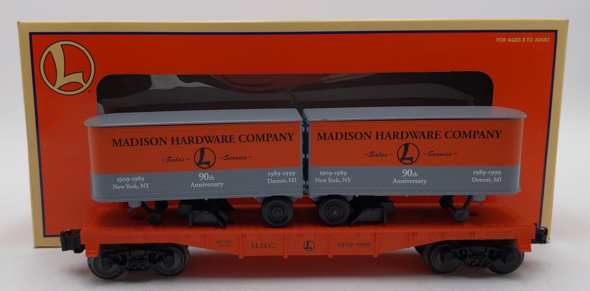 Lionel 6-52187 O Gauge Madison Hardware Flatcar w/ Piggyback Vans EX/Box