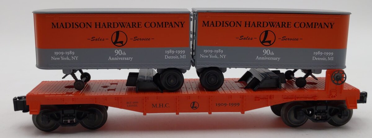 Lionel 6-52187 O Gauge Madison Hardware Flatcar w/ Piggyback Vans EX/Box