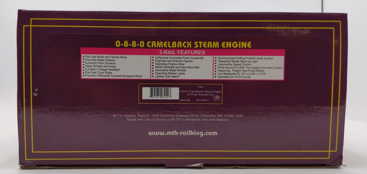 MTH 20-3118-1 O Erie 0-8-8-0 Camelback Steam Engine & Tender #2601 w/PS2 NIB