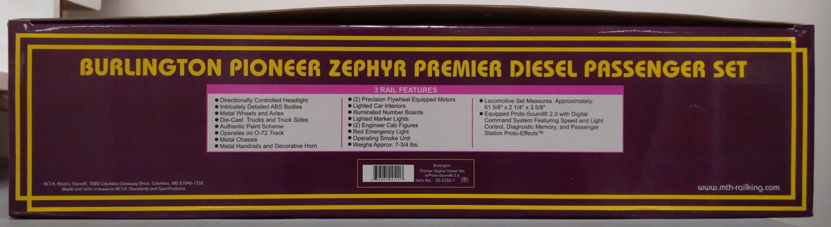 MTH 20-2250-1 O Gauge Burlington Pioneer Zephyr Diesel Passenger Set w/PS2 LN/Box