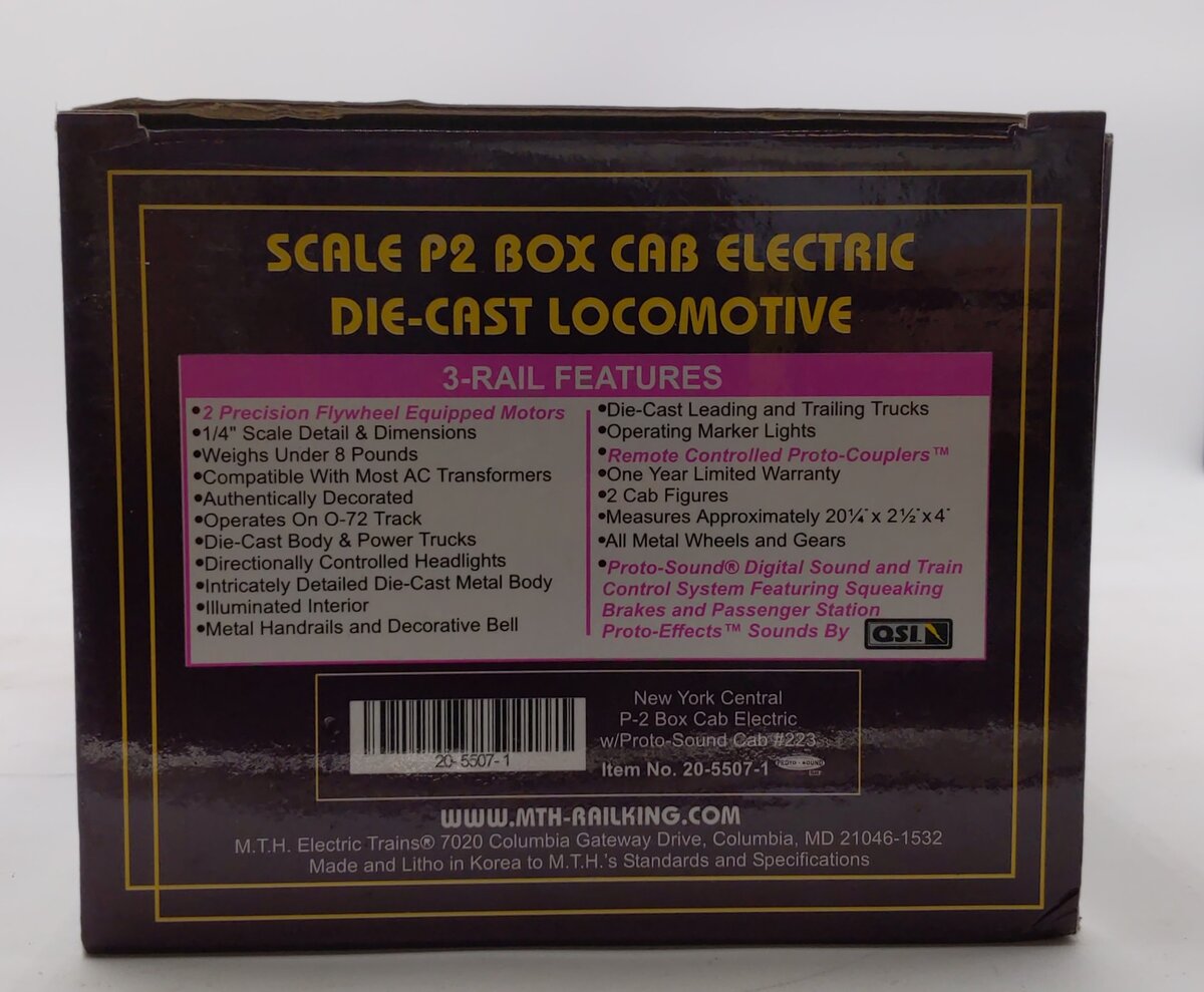 MTH 20-5507-1 O NYC P2 Box Cab Die-Cast Electric Locomotive w/PS1 #223 LN/Box