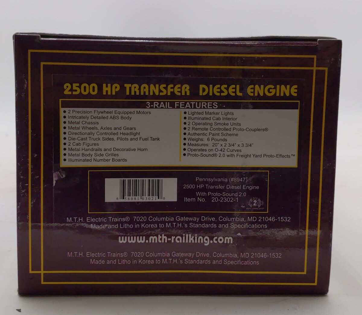 MTH 20-2302-1 O Gauge Pennsylvania 2500HP Transfer Diesel Engine w/PS2 #8947 LN/Box
