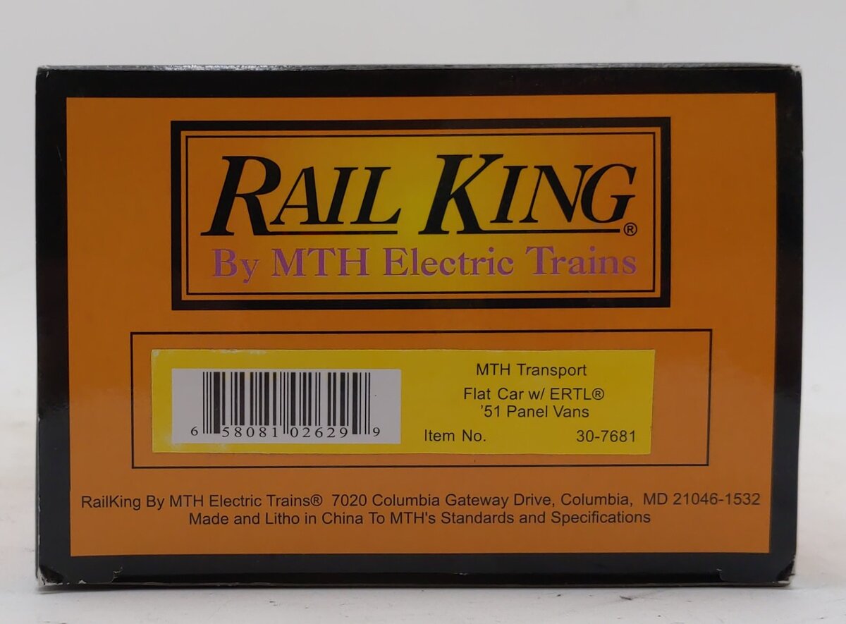 MTH 30-7681 O Gauge MTH Transport Flatcar with Ertl '51 Panel Vans LN/Box