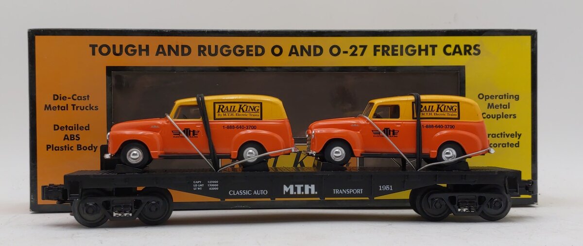 MTH 30-7681 O Gauge MTH Transport Flatcar with Ertl '51 Panel Vans LN/Box