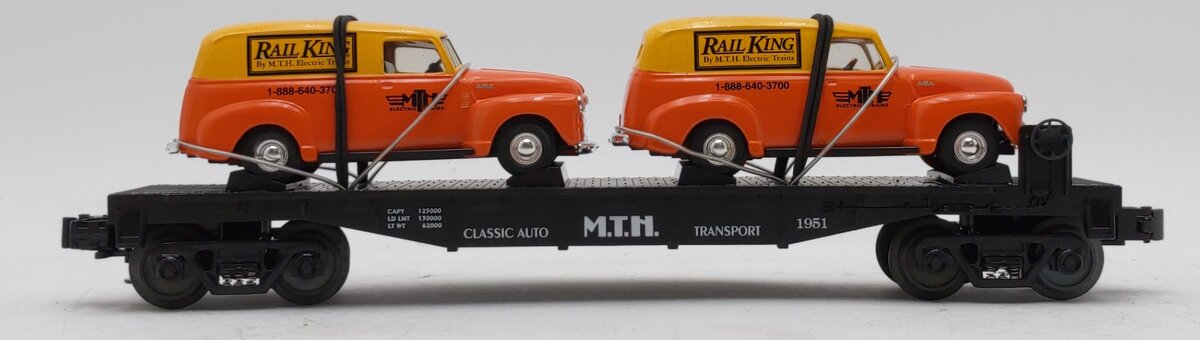 MTH 30-7681 O Gauge MTH Transport Flatcar with Ertl '51 Panel Vans LN/Box