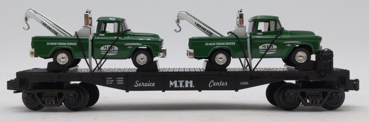 MTH 30-7615 O Gauge MTH Service Center Flatcar with 2 Ertl 1955 Cameo Wreckers LN/Box