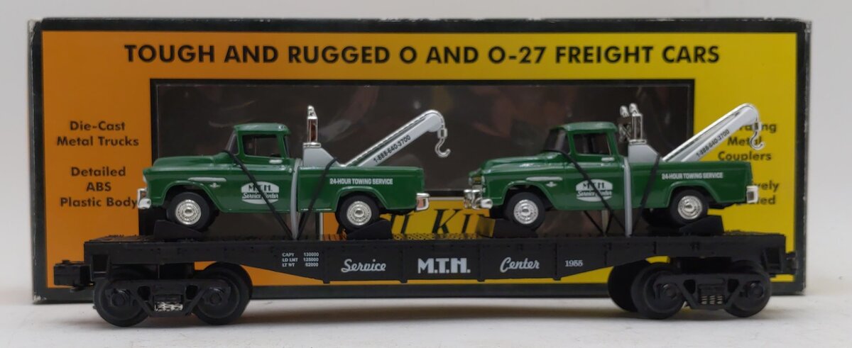 MTH 30-7615 O Gauge MTH Service Center Flatcar with 2 Ertl 1955 Cameo Wreckers LN/Box