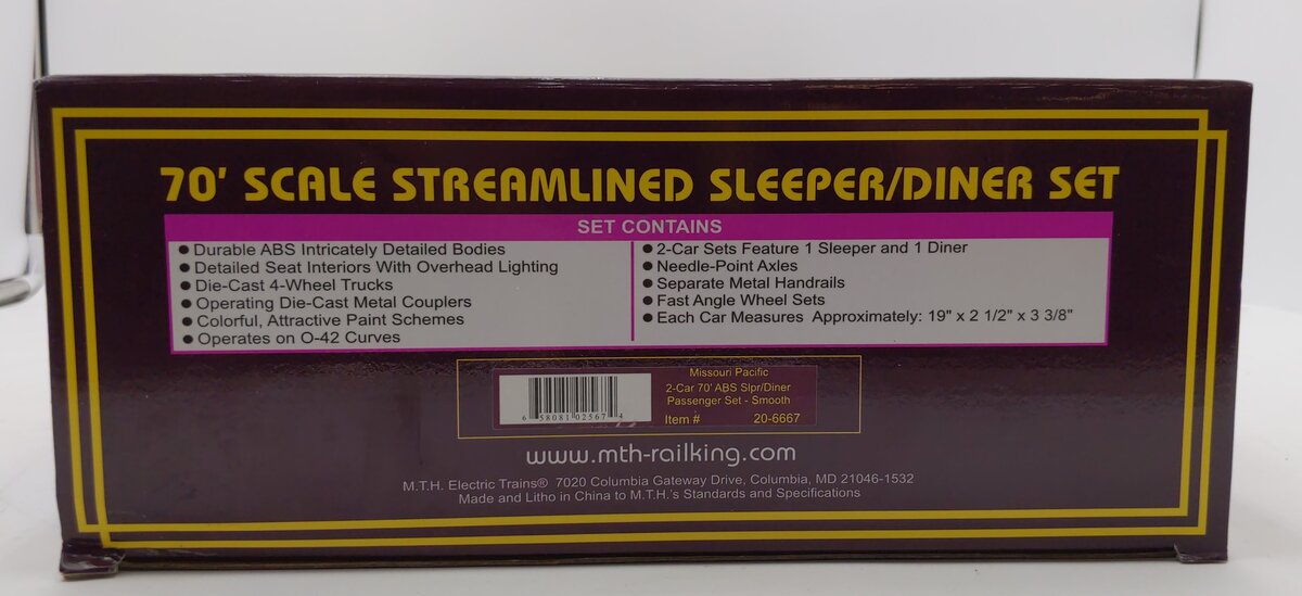 MTH 20-6667 O MP 70' Streamlined Sleeper/Diner Passenger Car Set (Set of 2) LN/Box