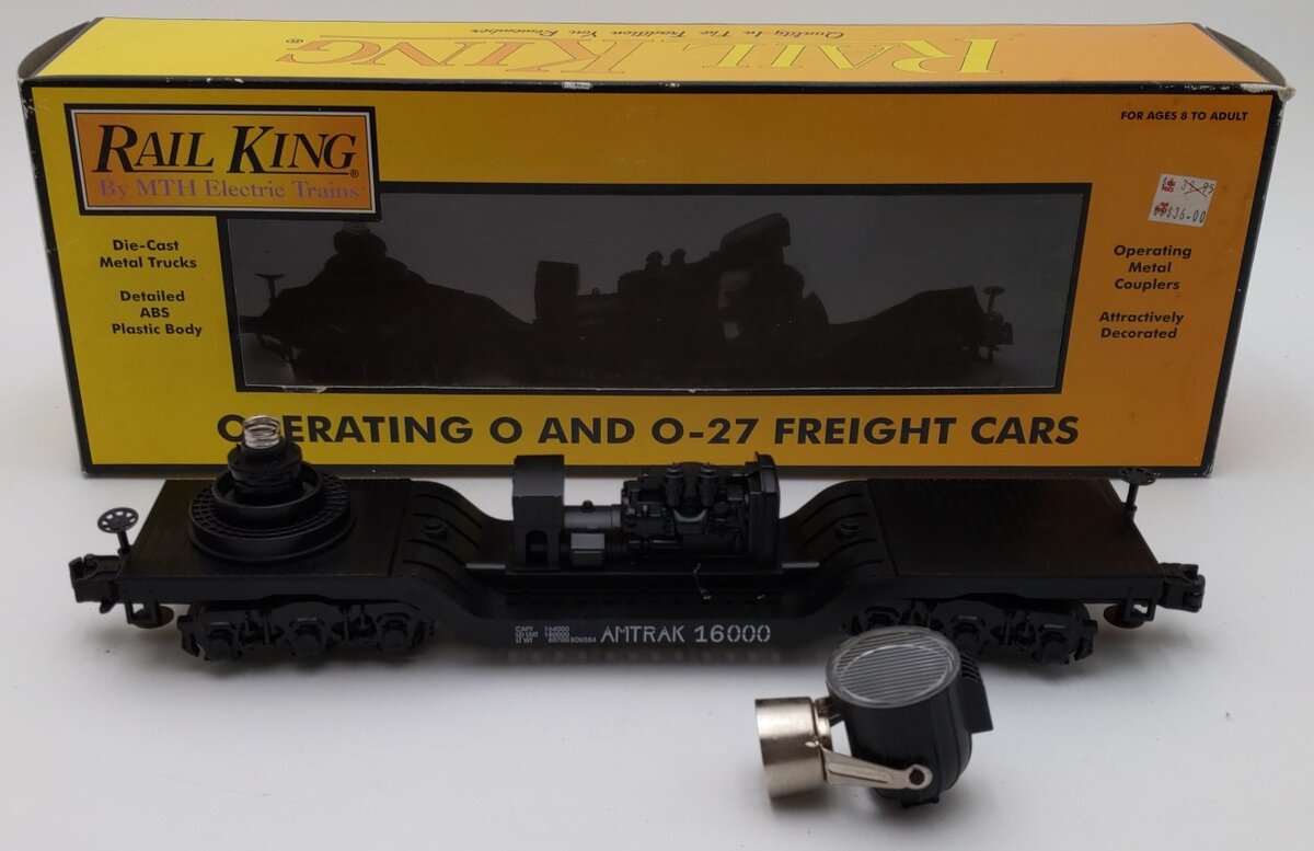 MTH 30-7927 O Amtrak Operating Depressed Flatcar #16000 with Searchlight NIB