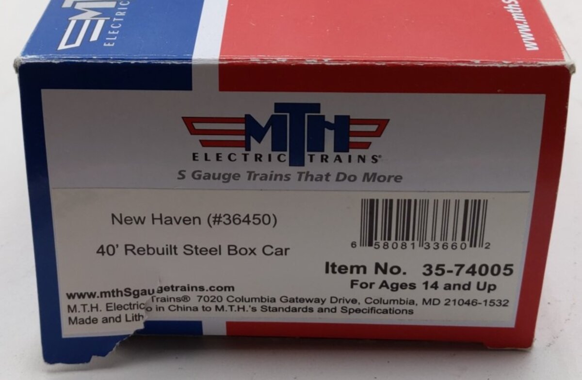 MTH 35-74005 S Gauge New Haven 40' Rebuilt Steel Box Car #36450 LN/Box